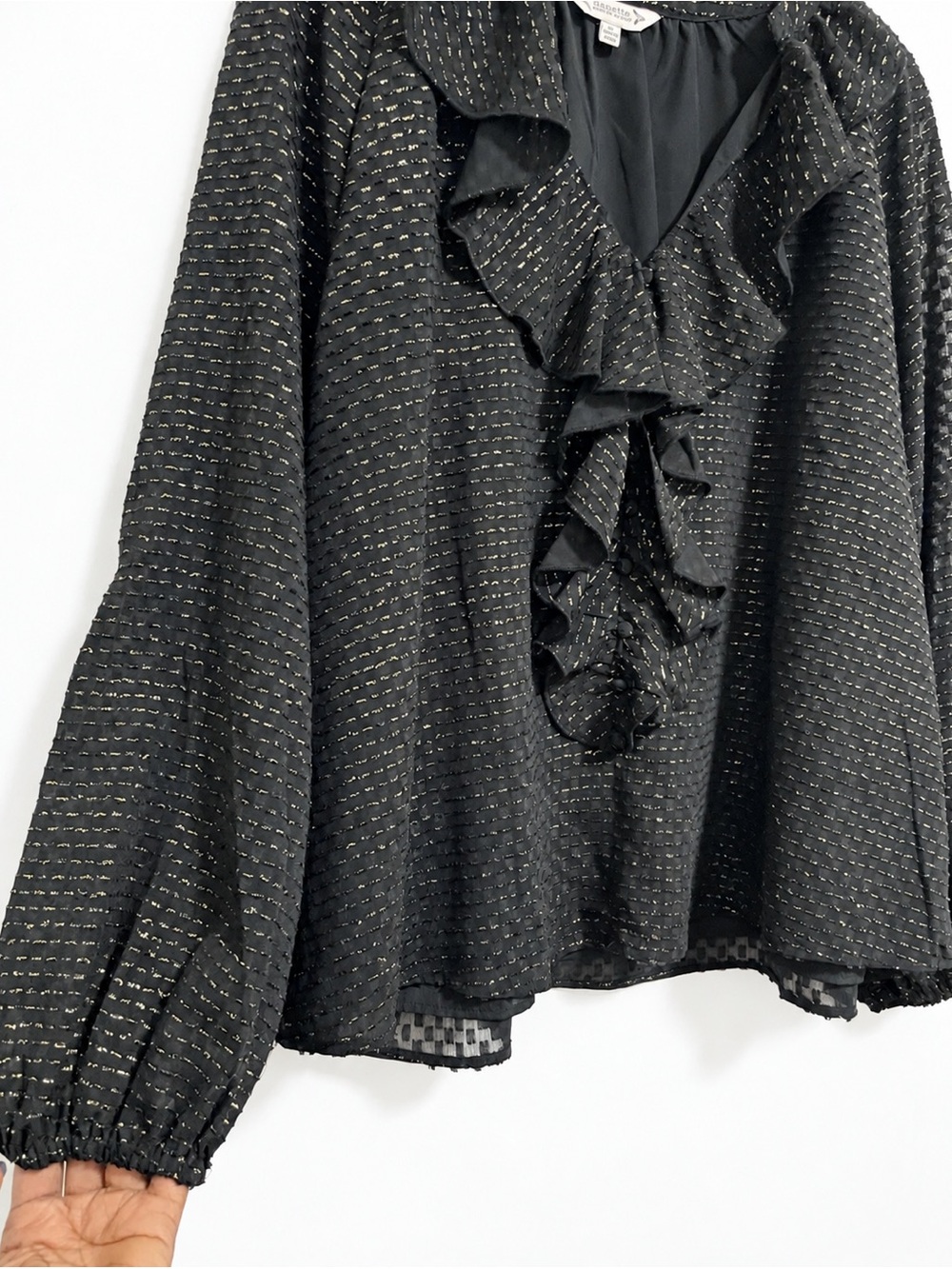 Nanette Lepore Black Gold Metallic Thread Ruffle Blouse XL Sheer Sleeve Feminine - Picture 5 of 9